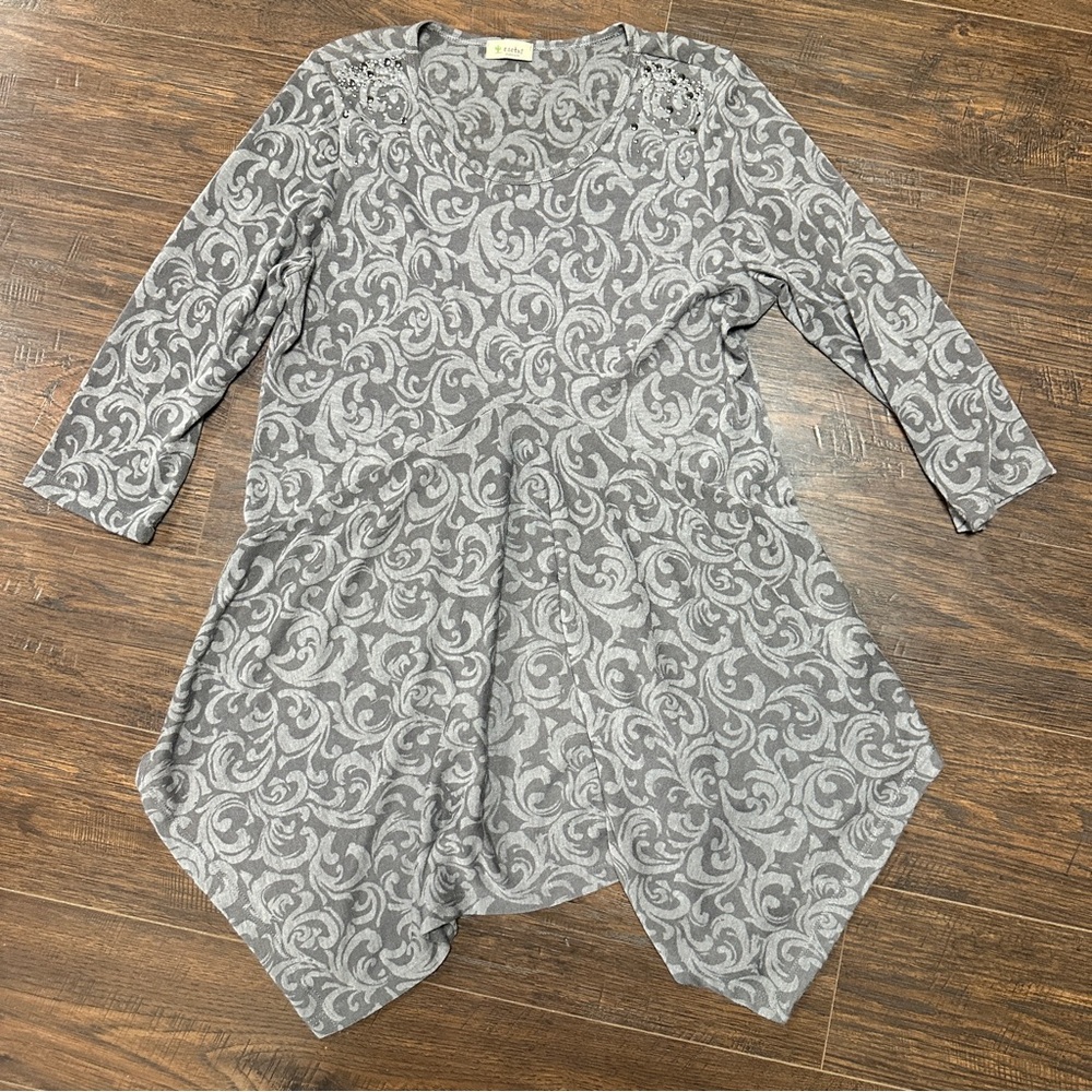CACTUS LIGHT WEIGHT LONG SWEATER TOP SILVER STUDS GRAY charcoal PRINT